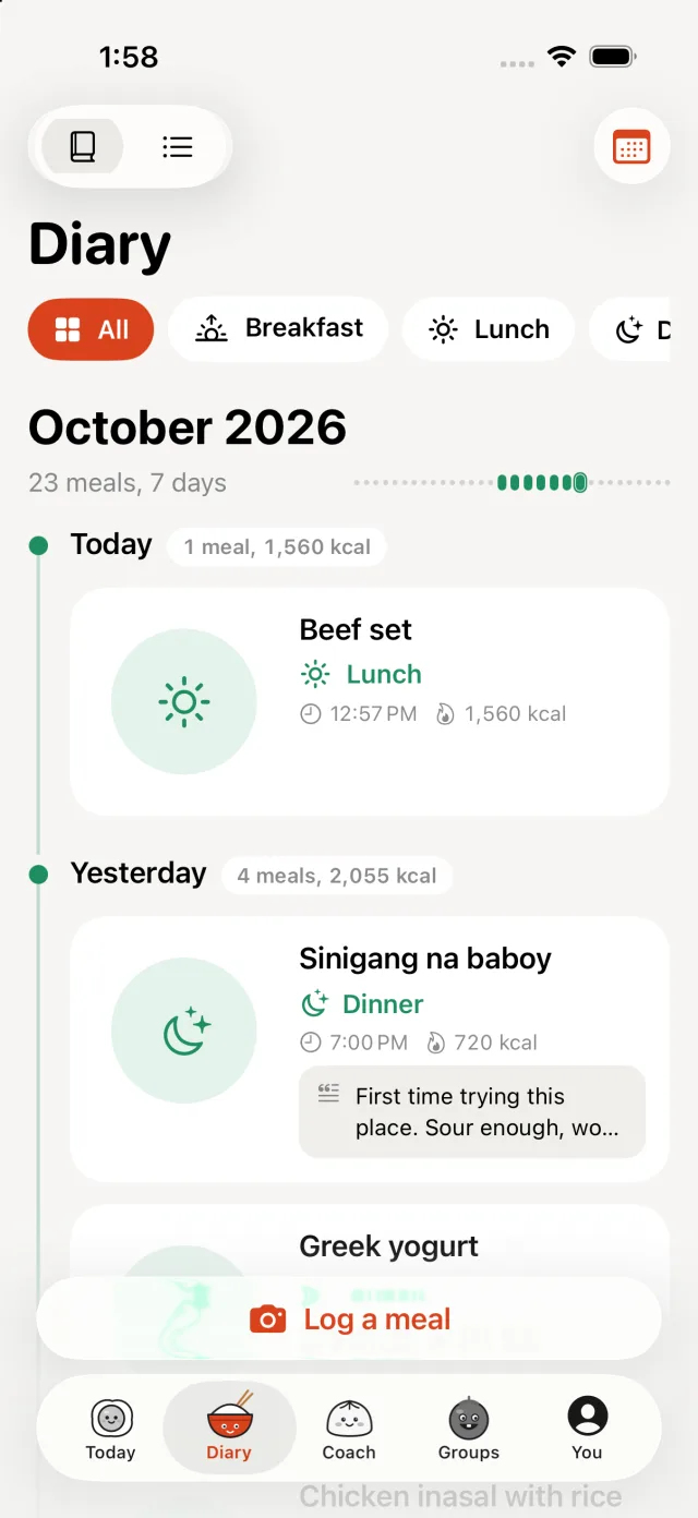 The Diary tab: meals listed by day with calories and times
